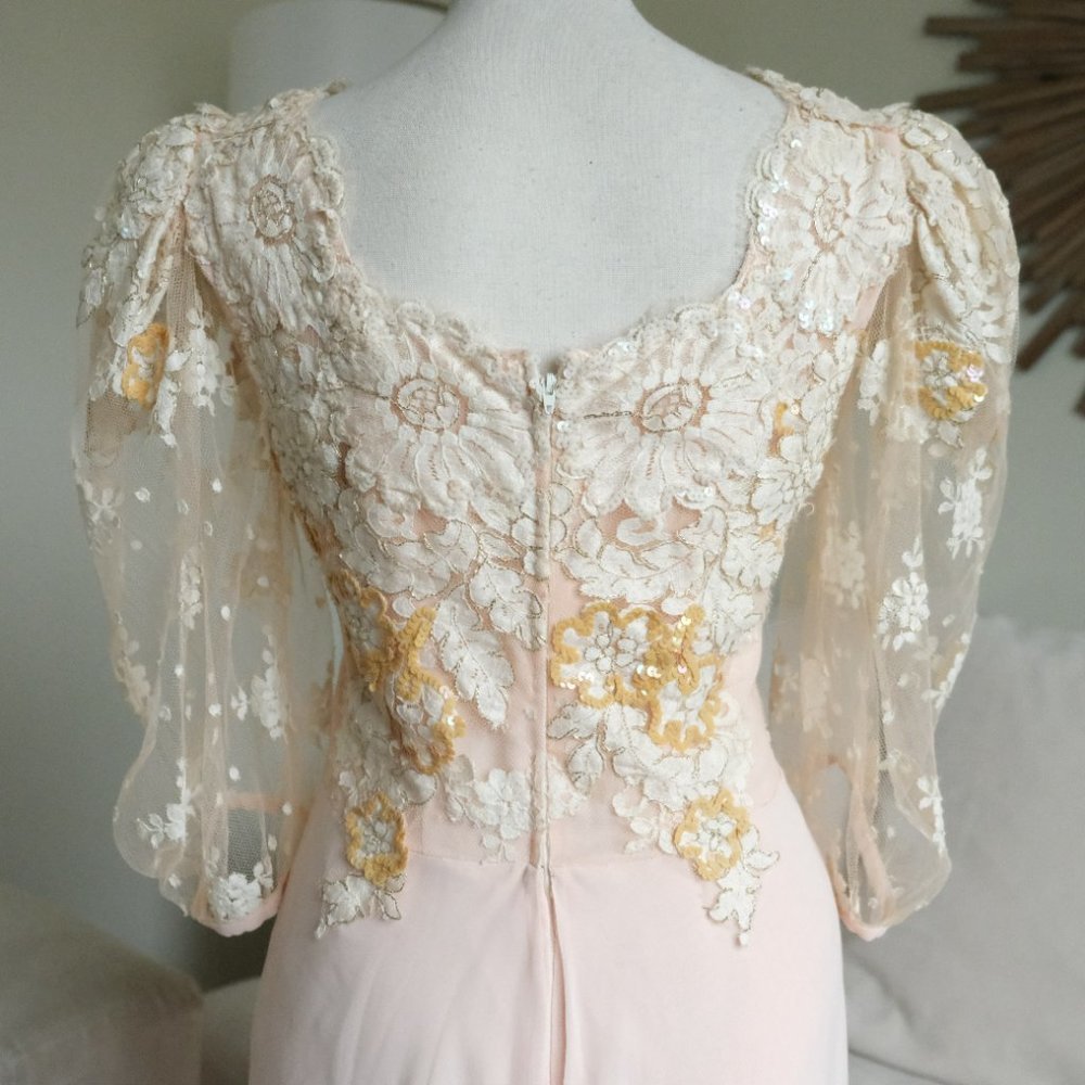 Vtg Judy Hornby Silk and Lace Applique Tiered Maxi Gown - Picture 7 of 12